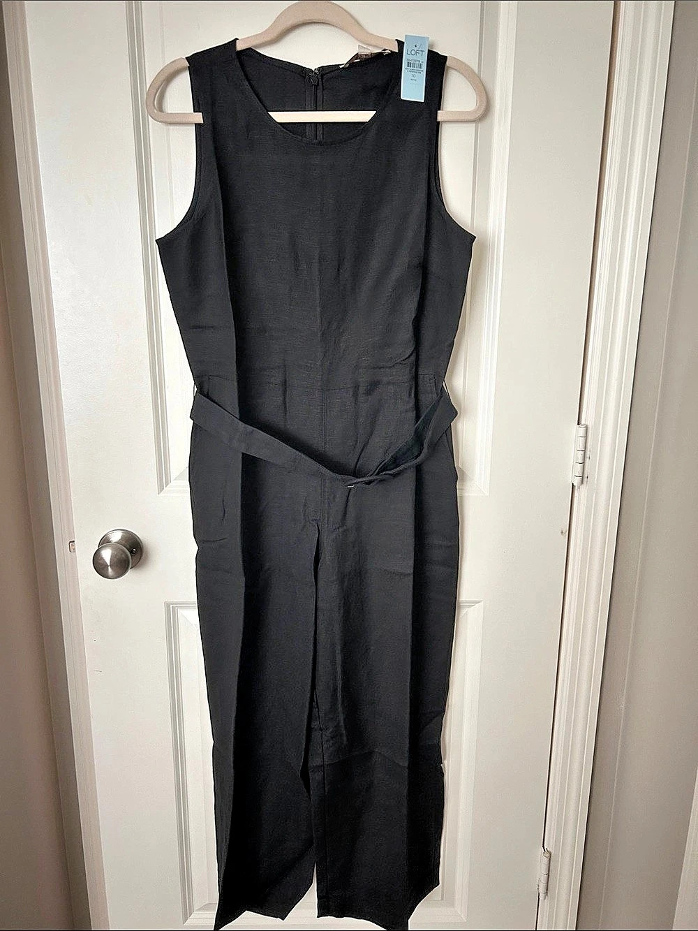 LOFT Linen Blend Belted Jumpsuit Black Sleeveless NWT